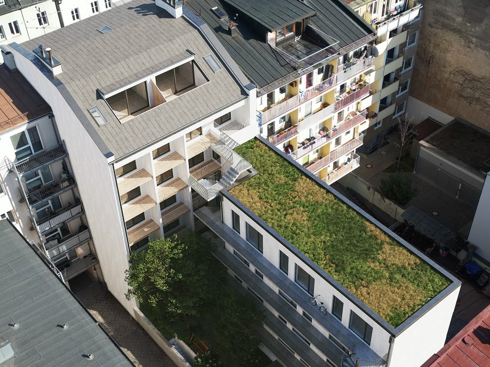 Rendering des Projekts CampusMax in München: Hofgebäude mit begrüntem Dach