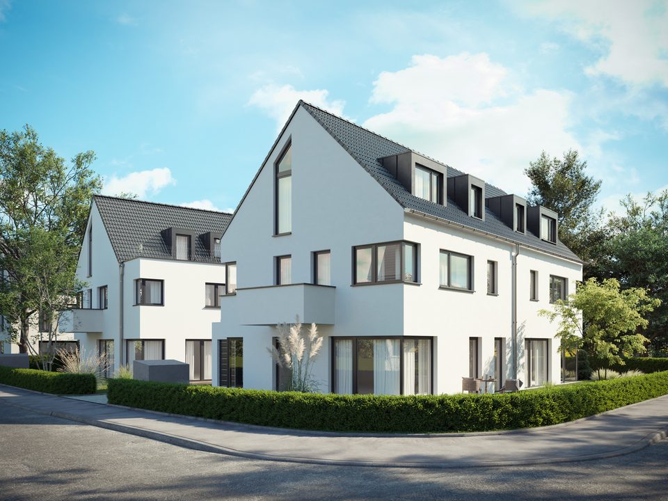 Rendering des Projekts EckeZwei in München: zwei weiße Mehrfamilienhäuser mit Satteldach